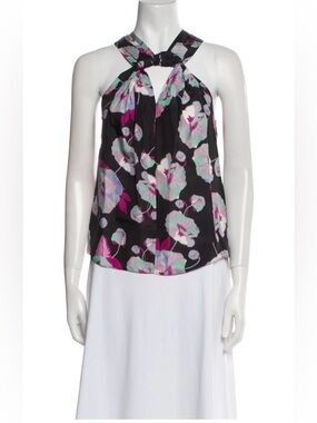 Isabel Marant Black Floral Silk Halter Camisole with Pink, Mint Accents, size 40